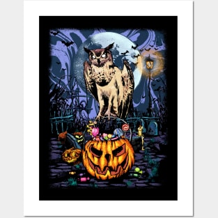 mysterious owl handing out halloween candy with spooky pumpkin bucket Posters and Art